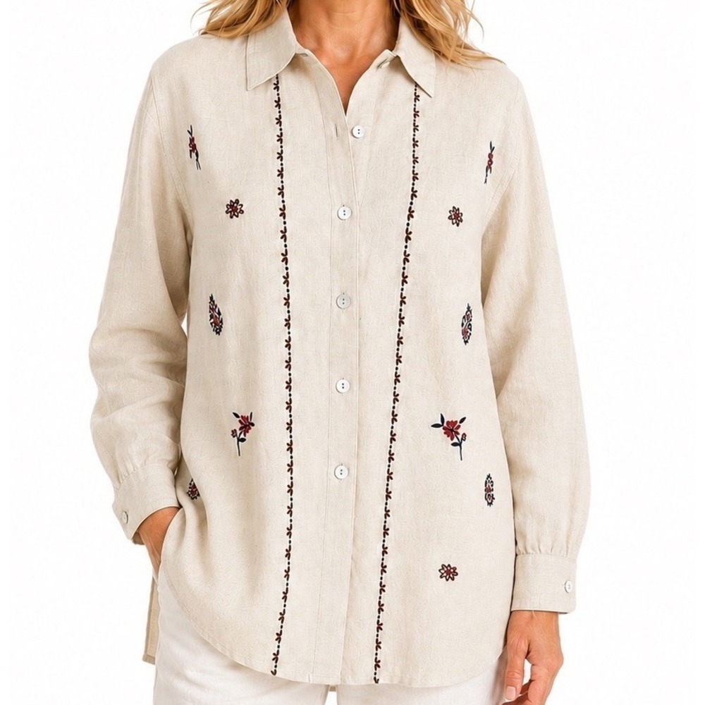 TALBOTS Linen Cotton Floral Embroidered Button Front Top Cottage Grandma Small